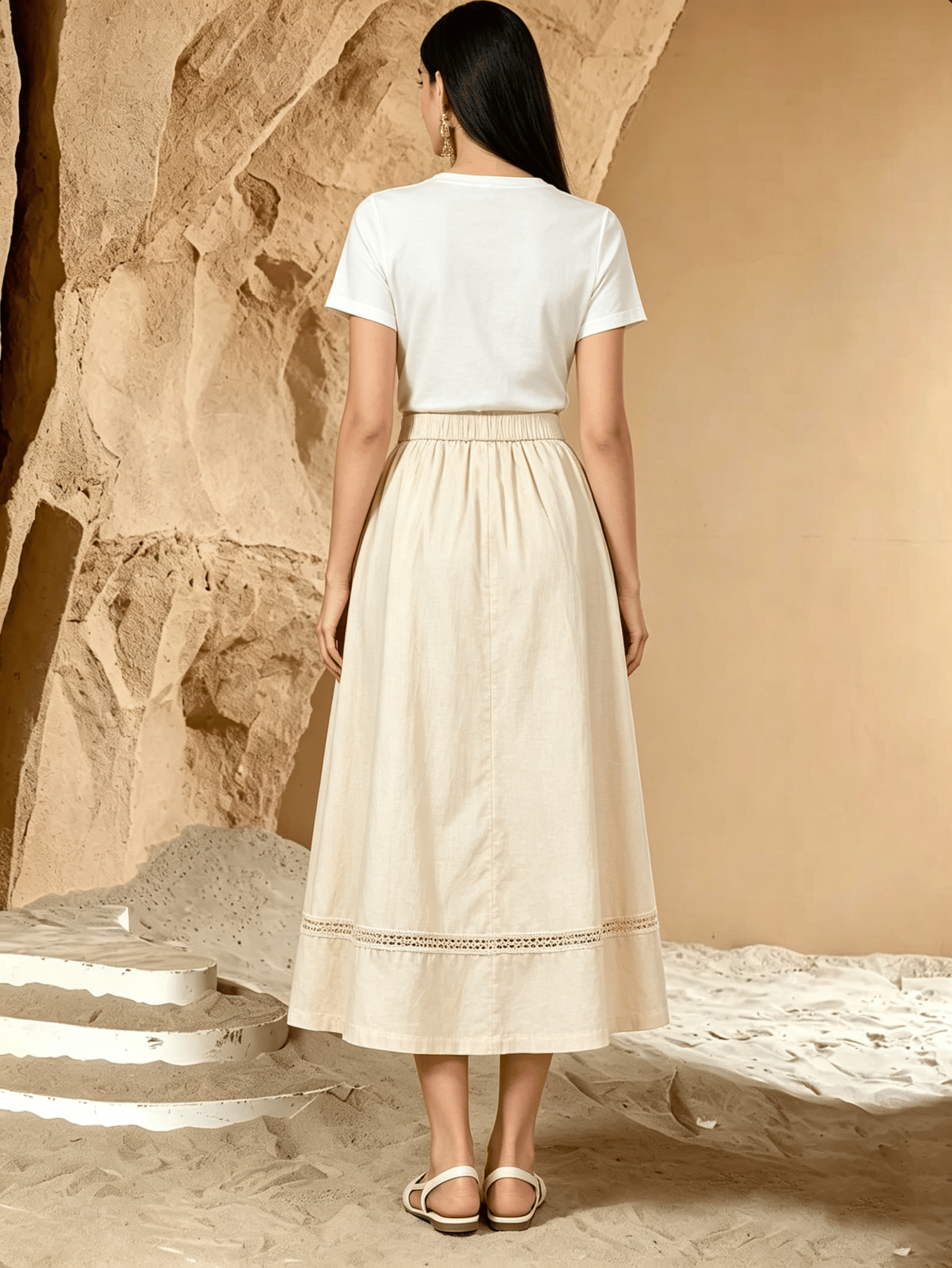 Cream Solid Flared Midi Skirt
