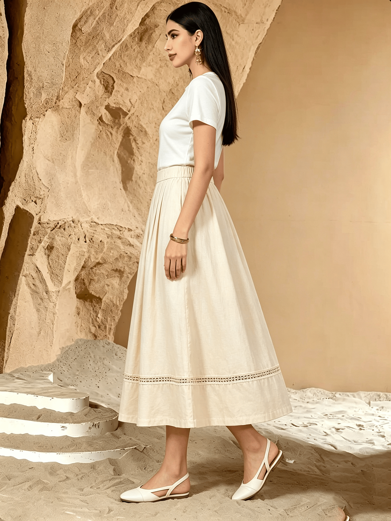 Cream Solid Flared Midi Skirt