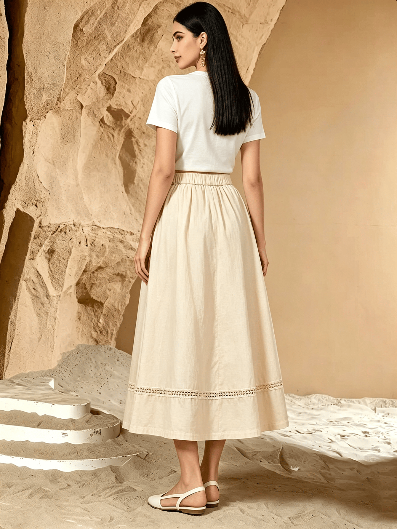 Cream Solid Flared Midi Skirt