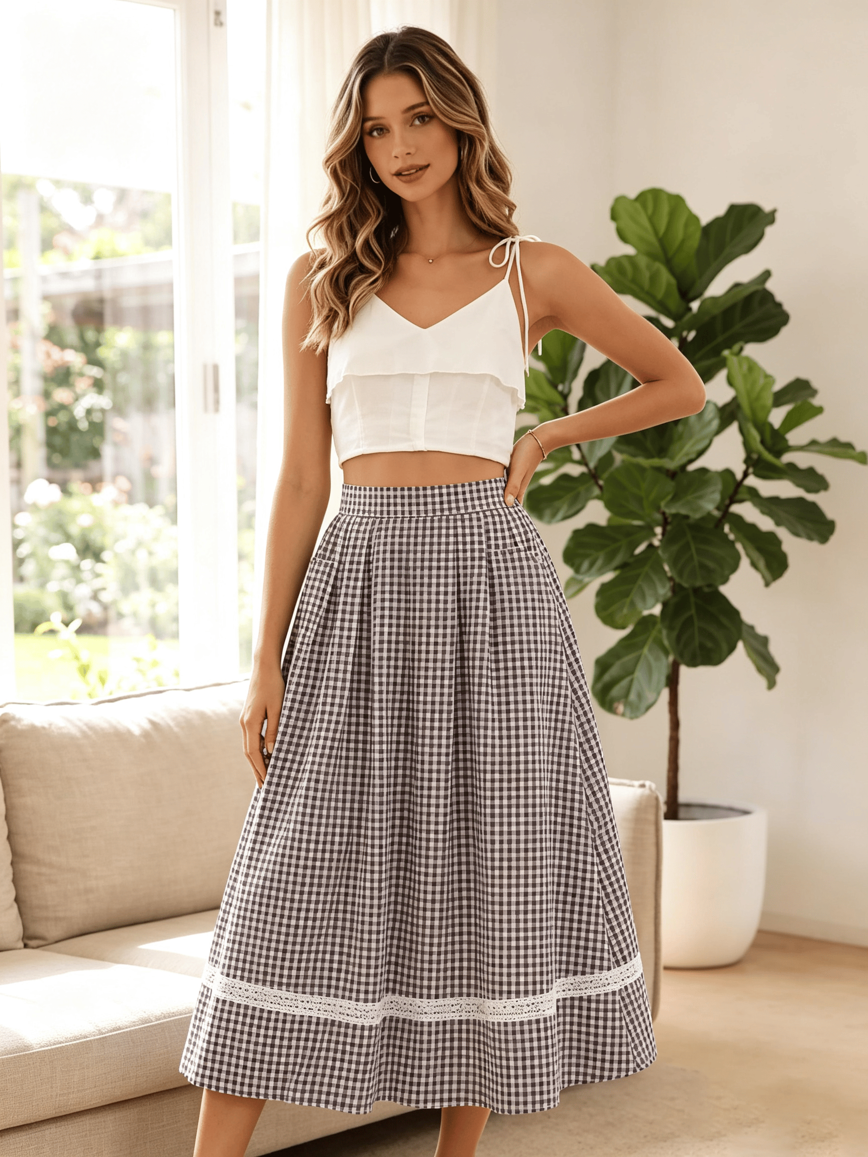 Multi Checked Flared Midi Skirt