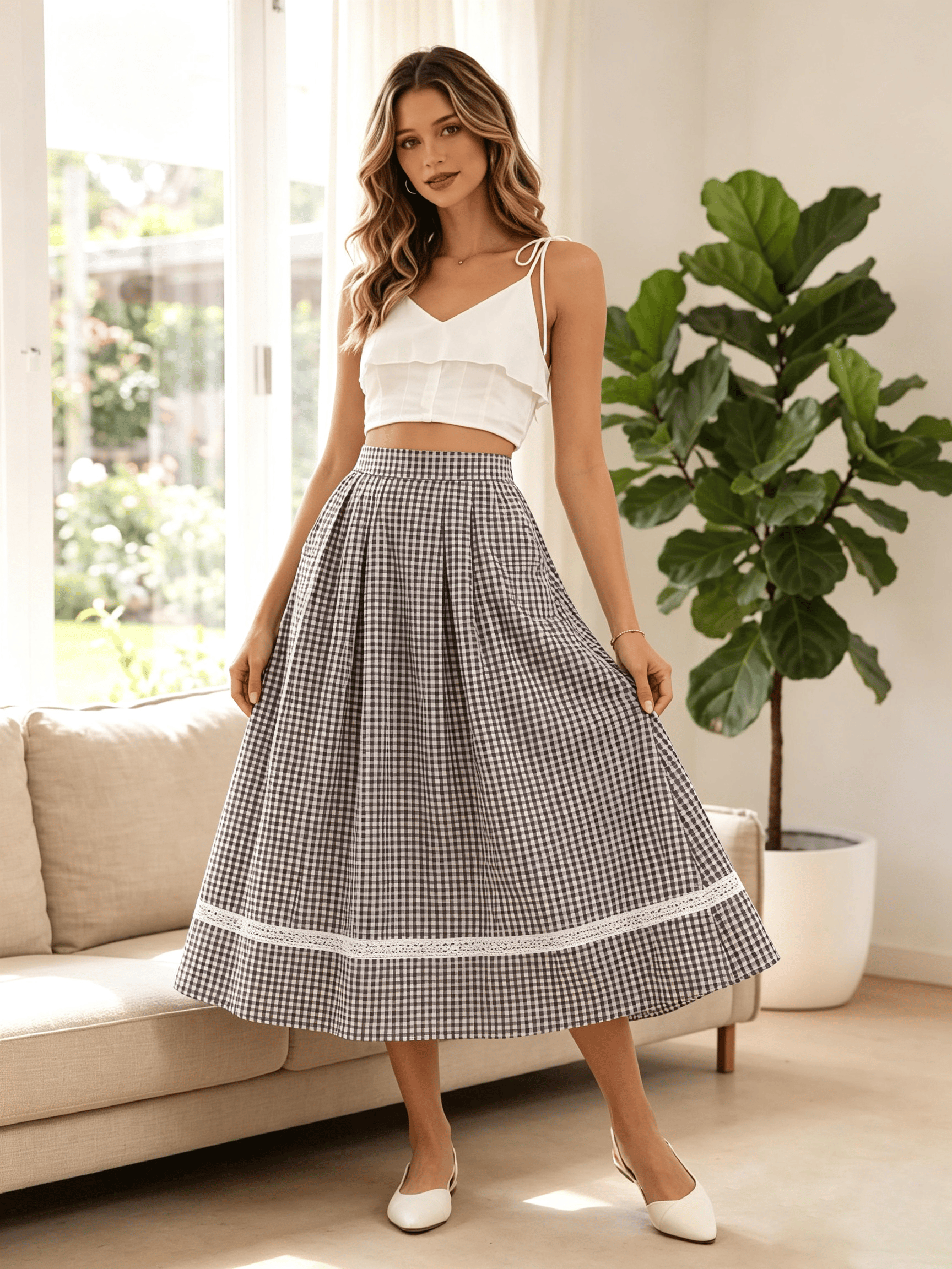Multi Checked Flared Midi Skirt