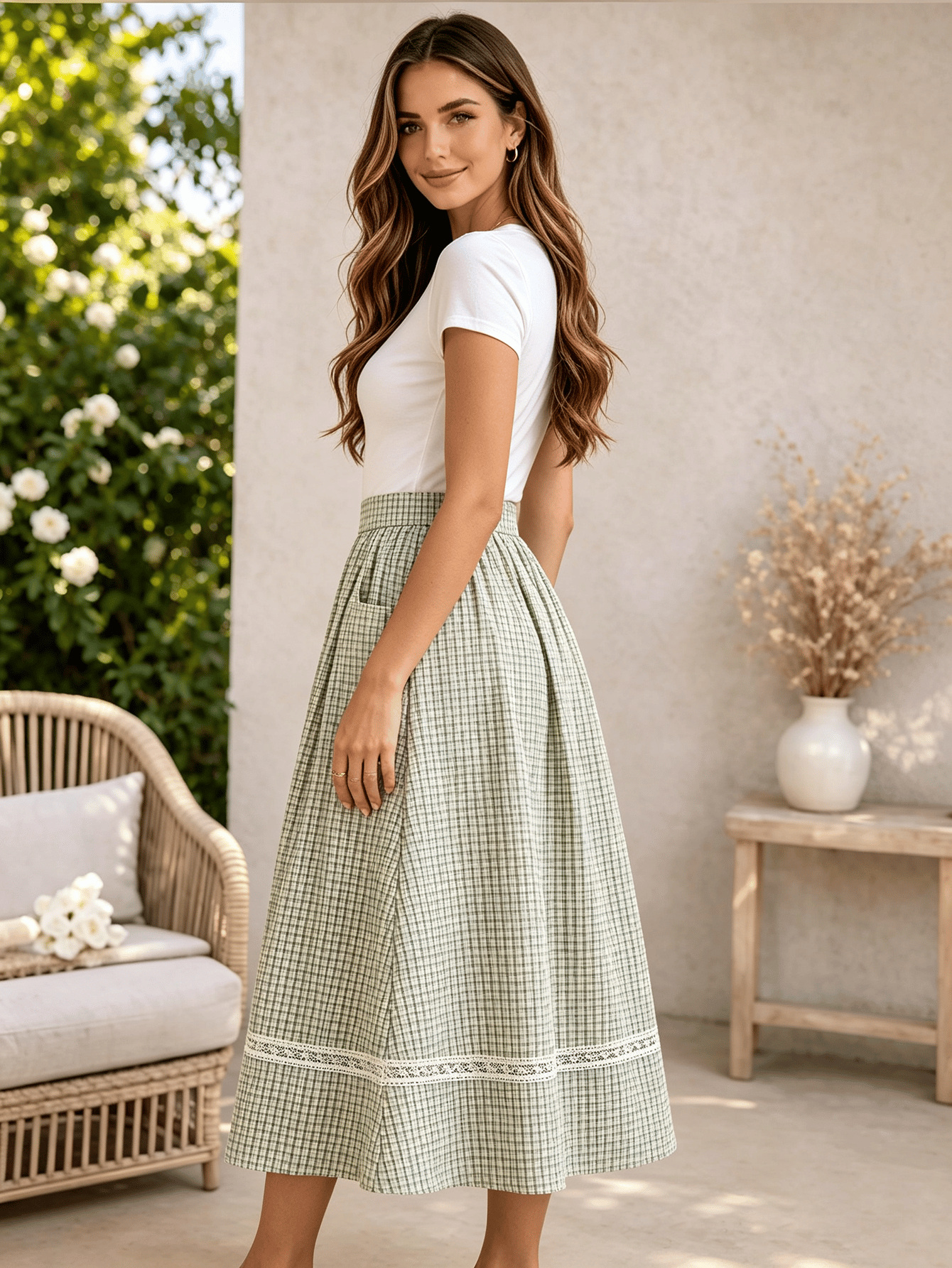 Green Checked Flared Midi Skirt