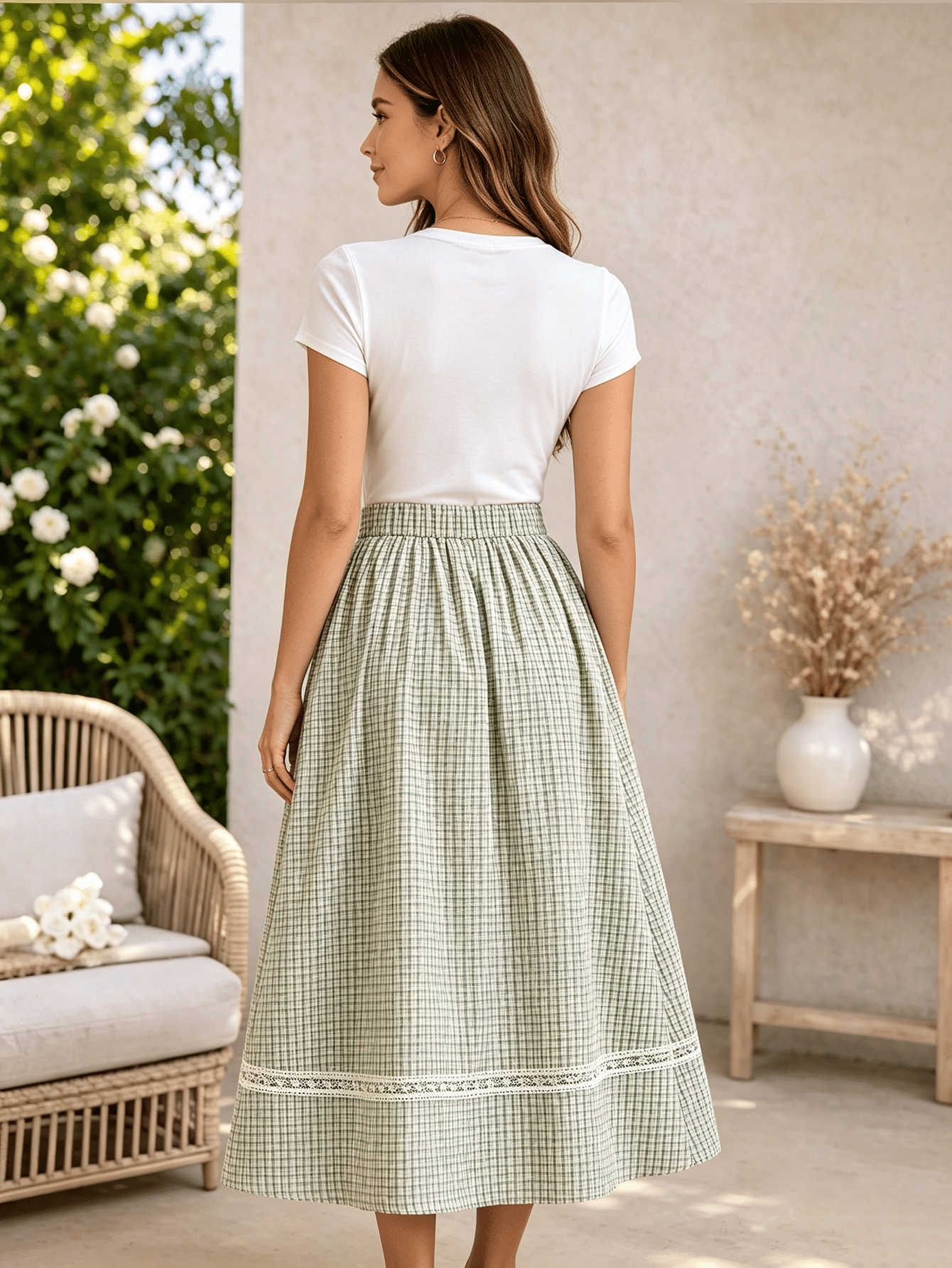 Green Checked Flared Midi Skirt