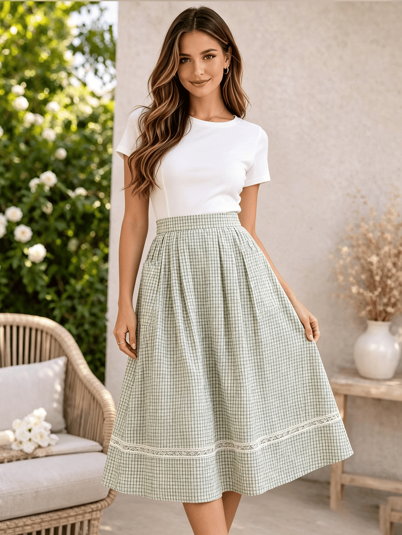 Green Checked Flared Midi Skirt