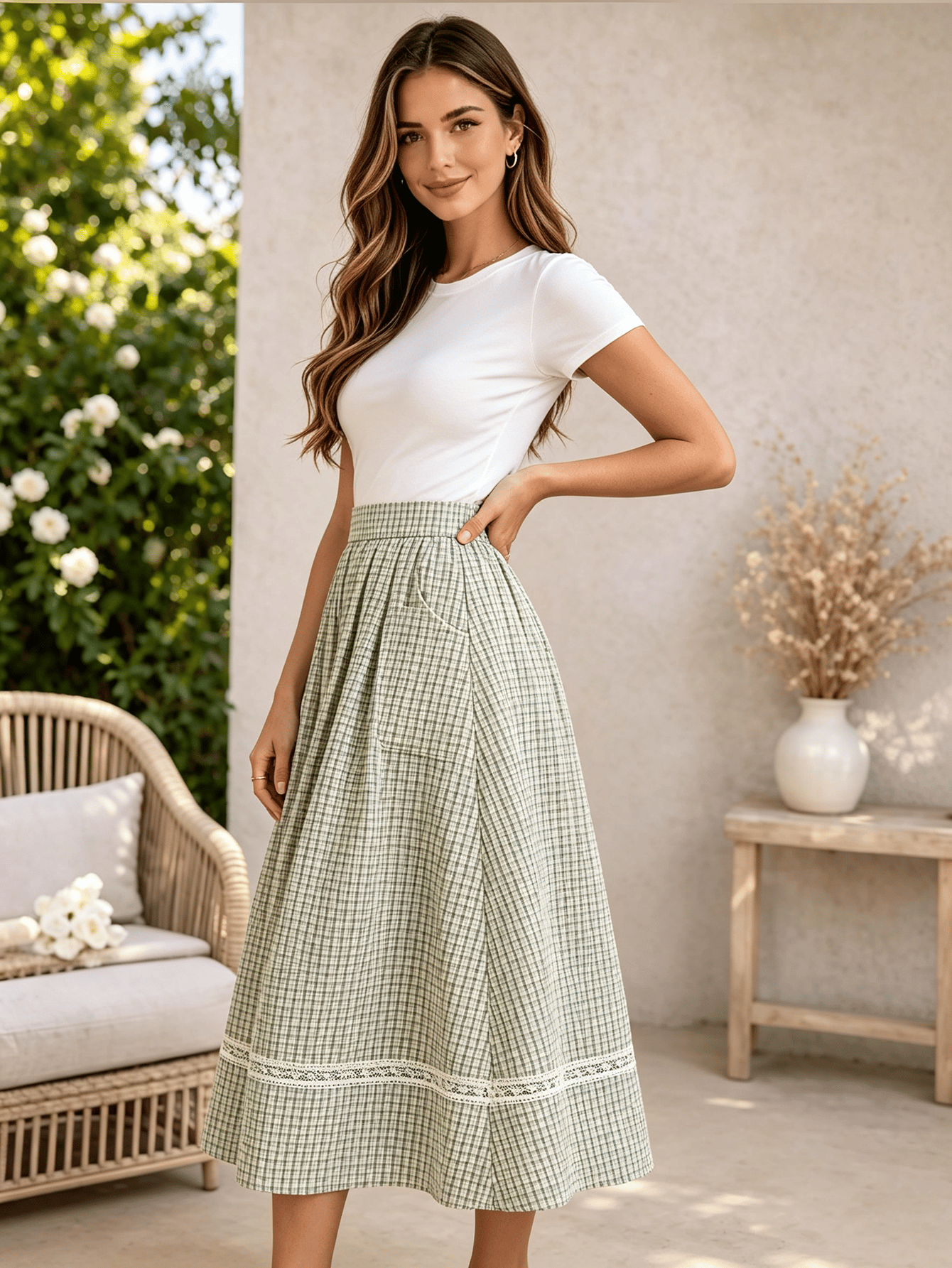 Green Checked Flared Midi Skirt