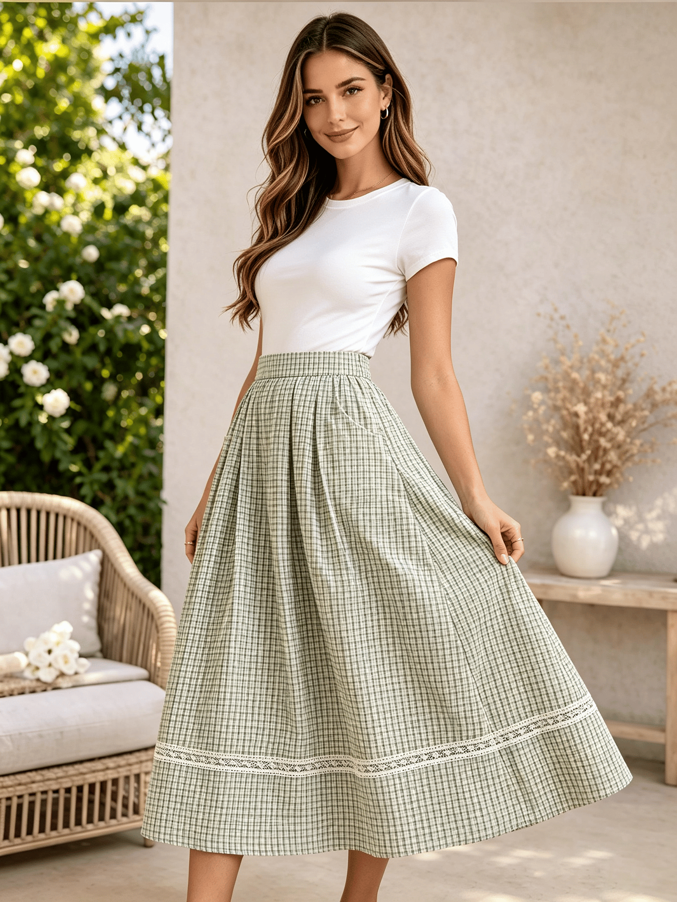 Green Checked Flared Midi Skirt