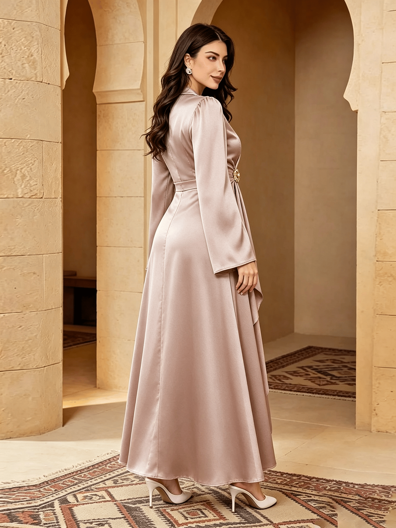 Pink Shirt Collar Satin A-Line Maxi Dress With Metal Flower Brooch