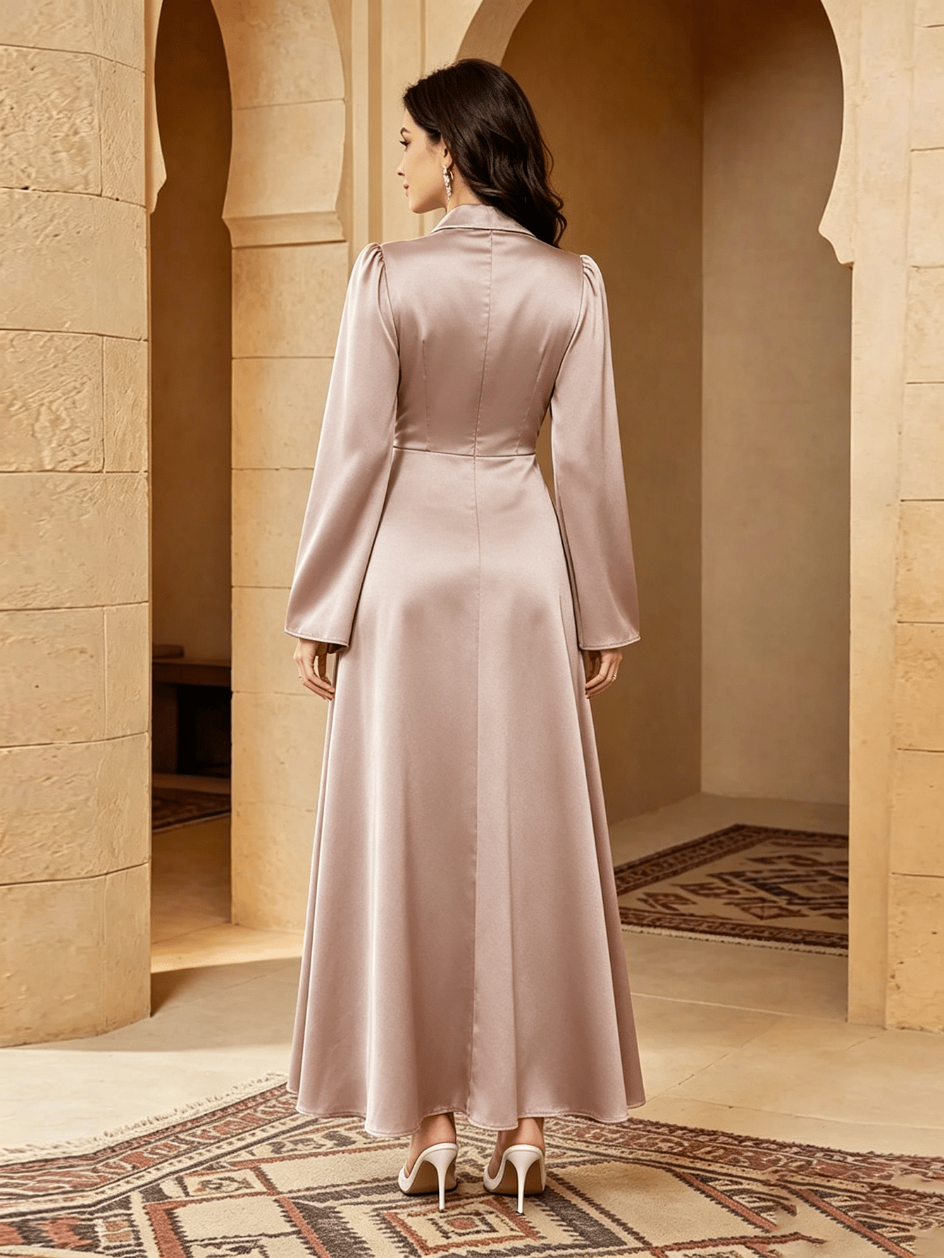 Pink Shirt Collar Satin A-Line Maxi Dress With Metal Flower Brooch