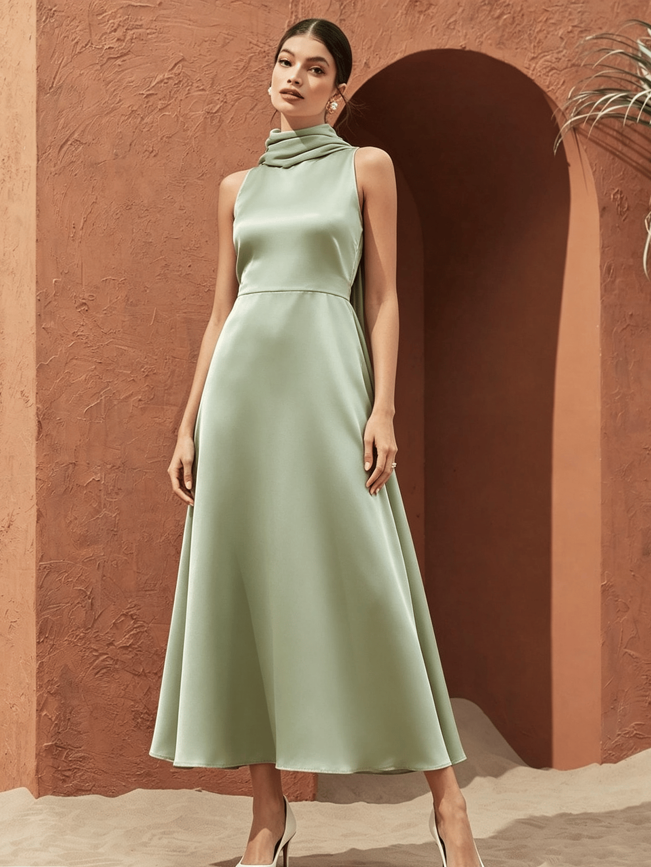 Mock Neck Sleeveless Satin A-Line Maxi Dress