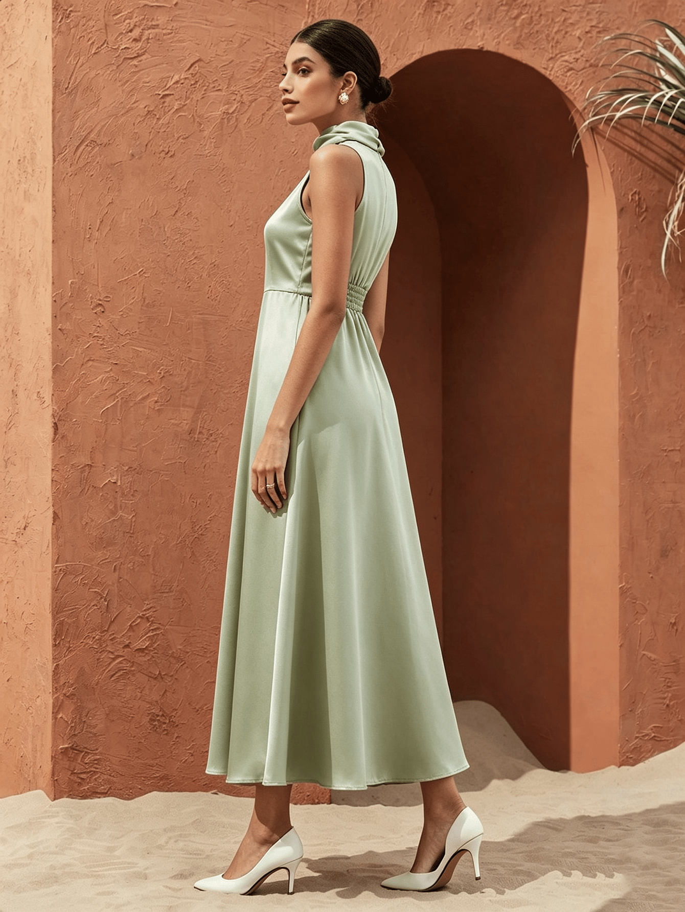 Mock Neck Sleeveless Satin A-Line Maxi Dress