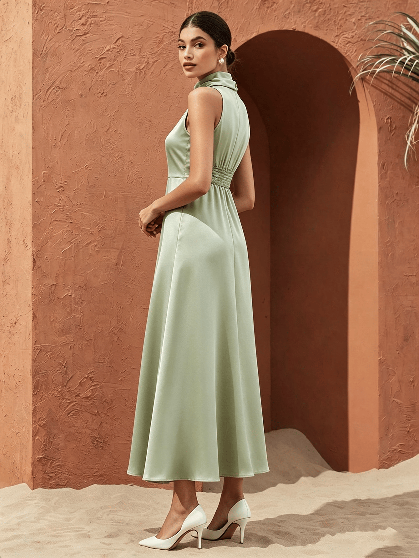 Mock Neck Sleeveless Satin A-Line Maxi Dress