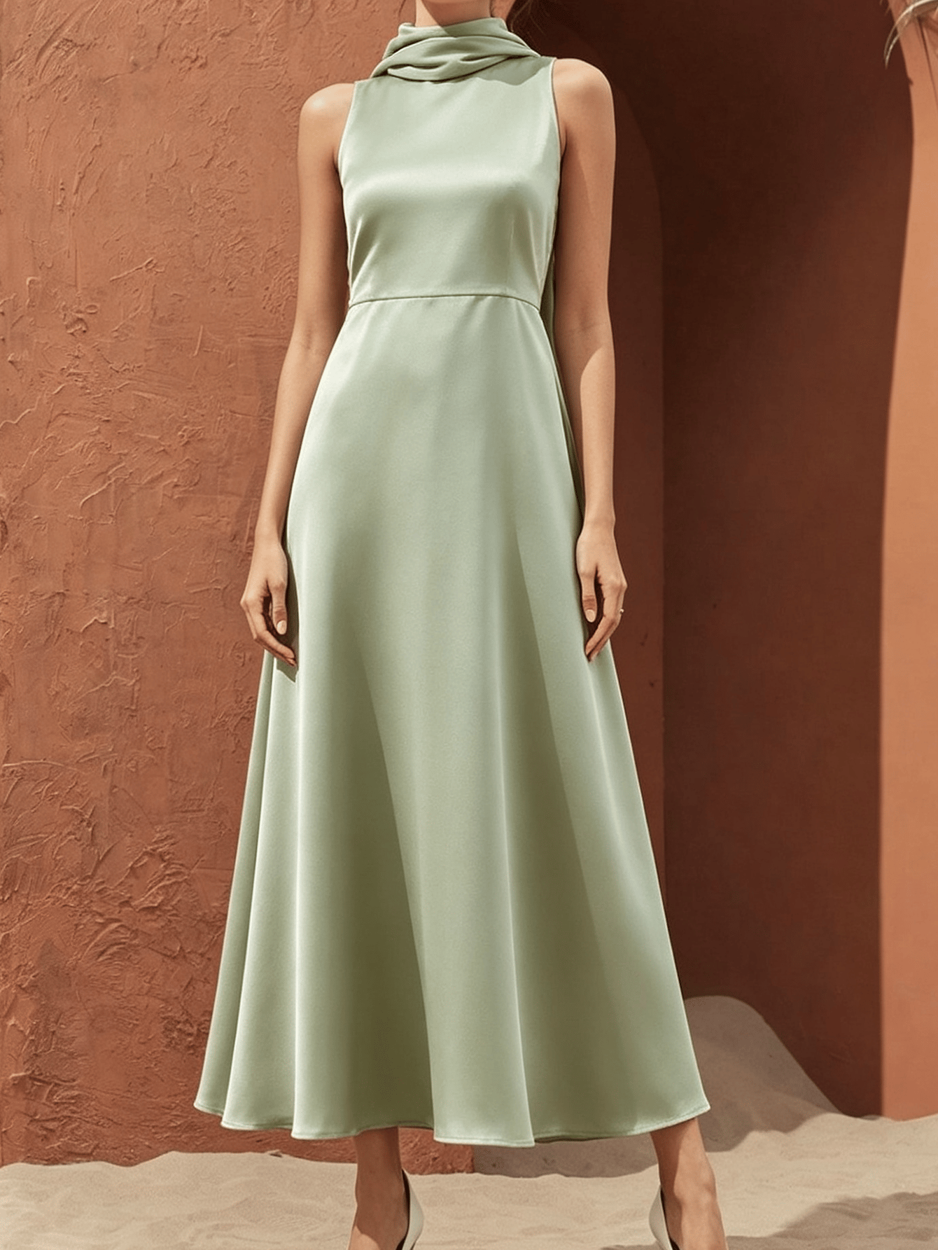 Mock Neck Sleeveless Satin A-Line Maxi Dress