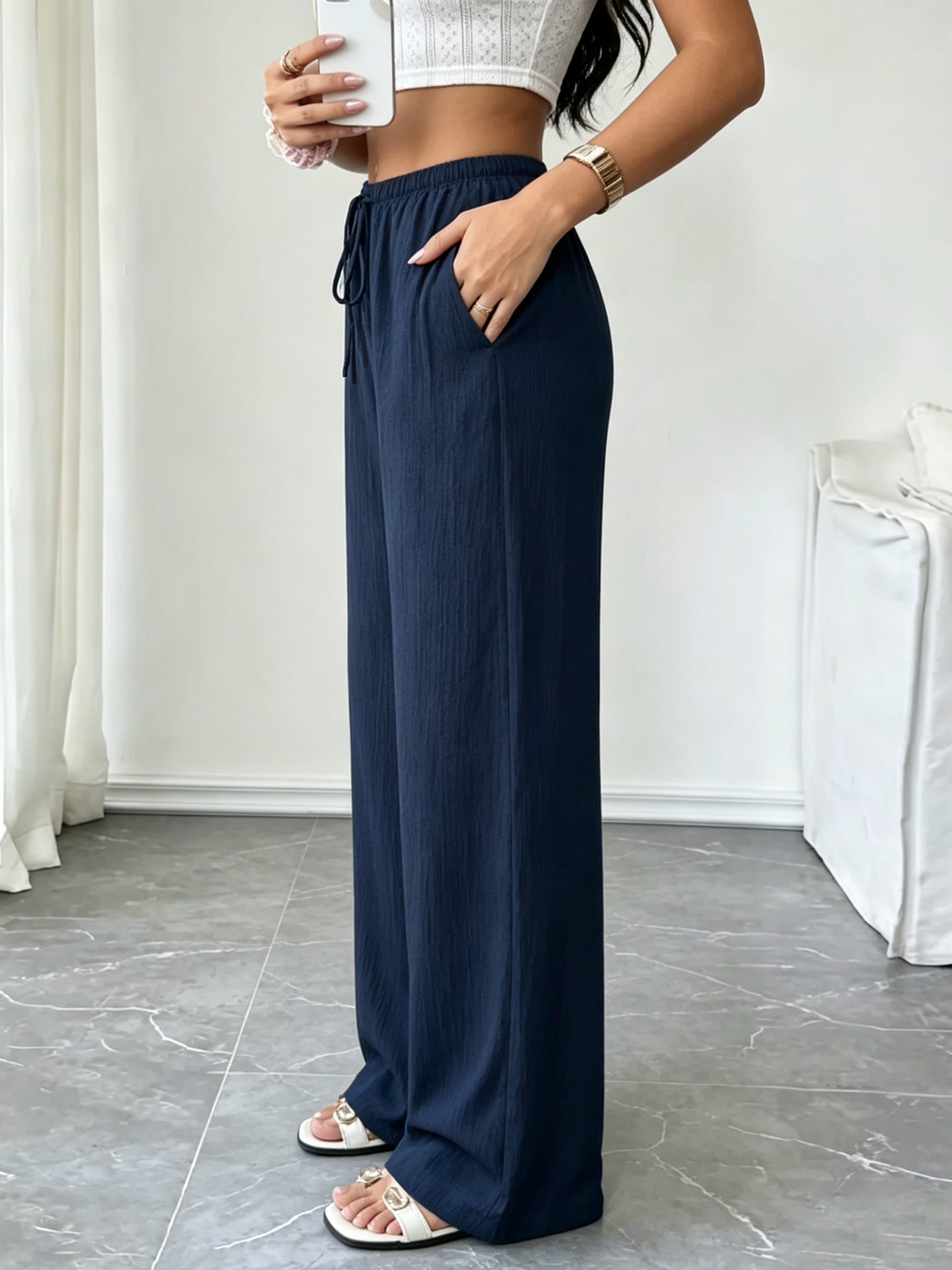 Black Solid Wide Leg Pants