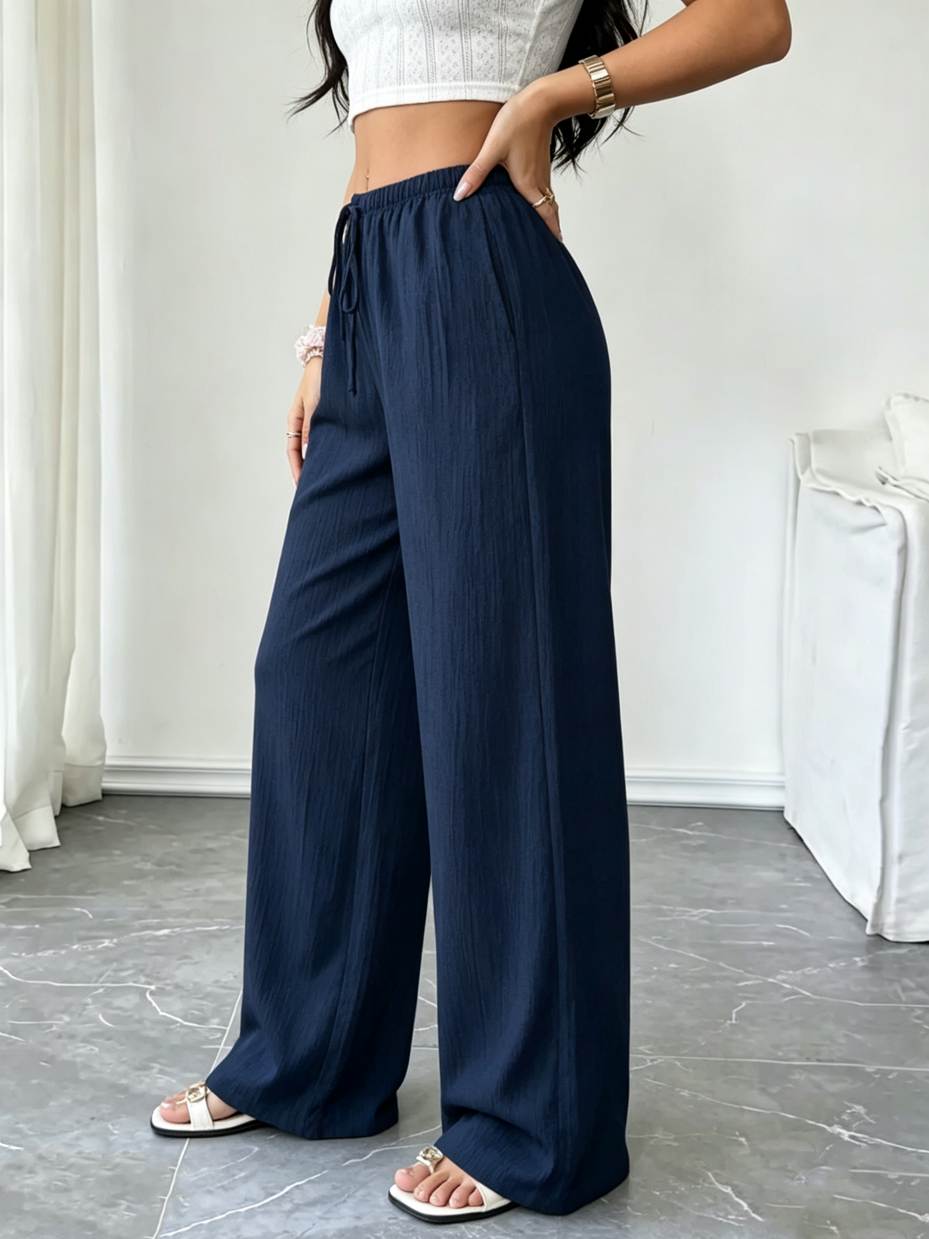 Black Solid Wide Leg Pants