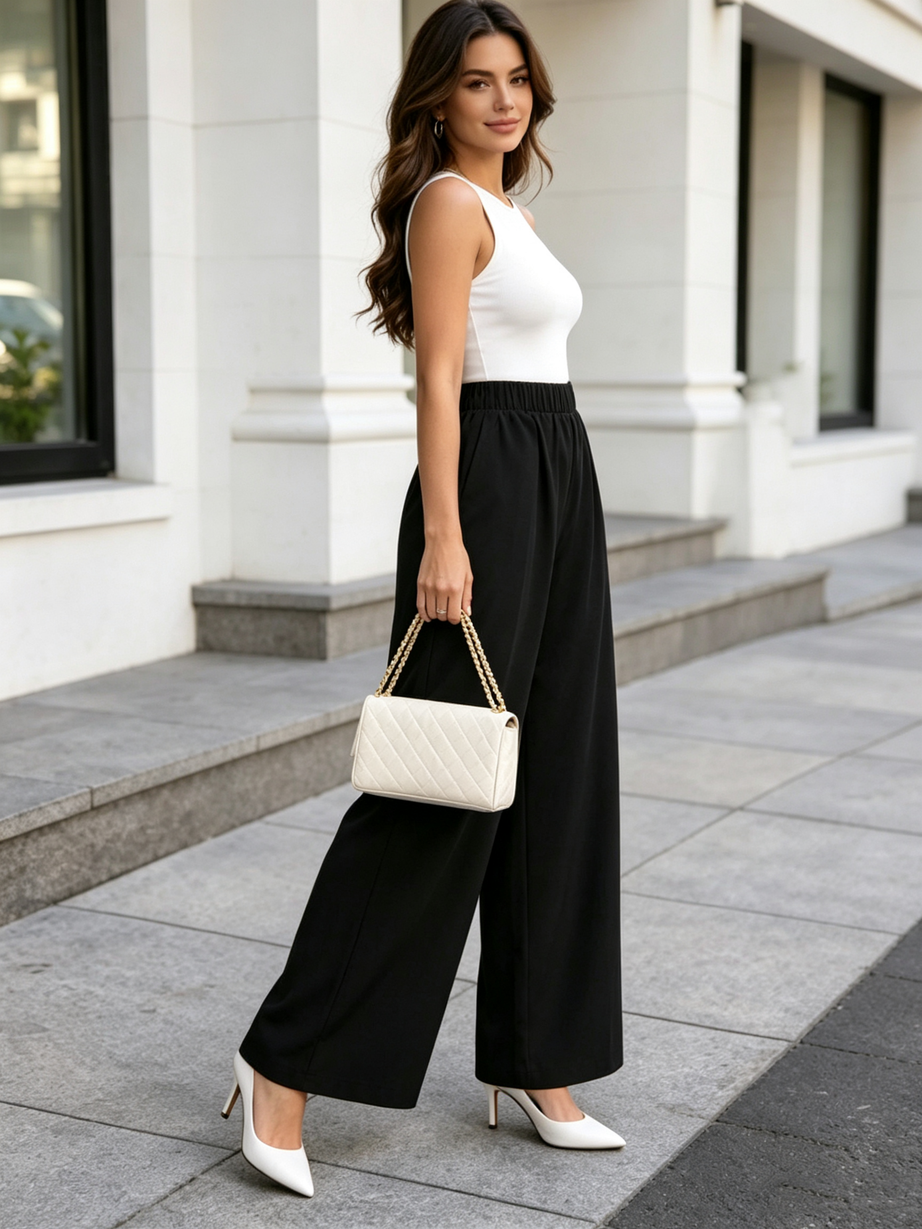 Black Solid Wide Leg Pants