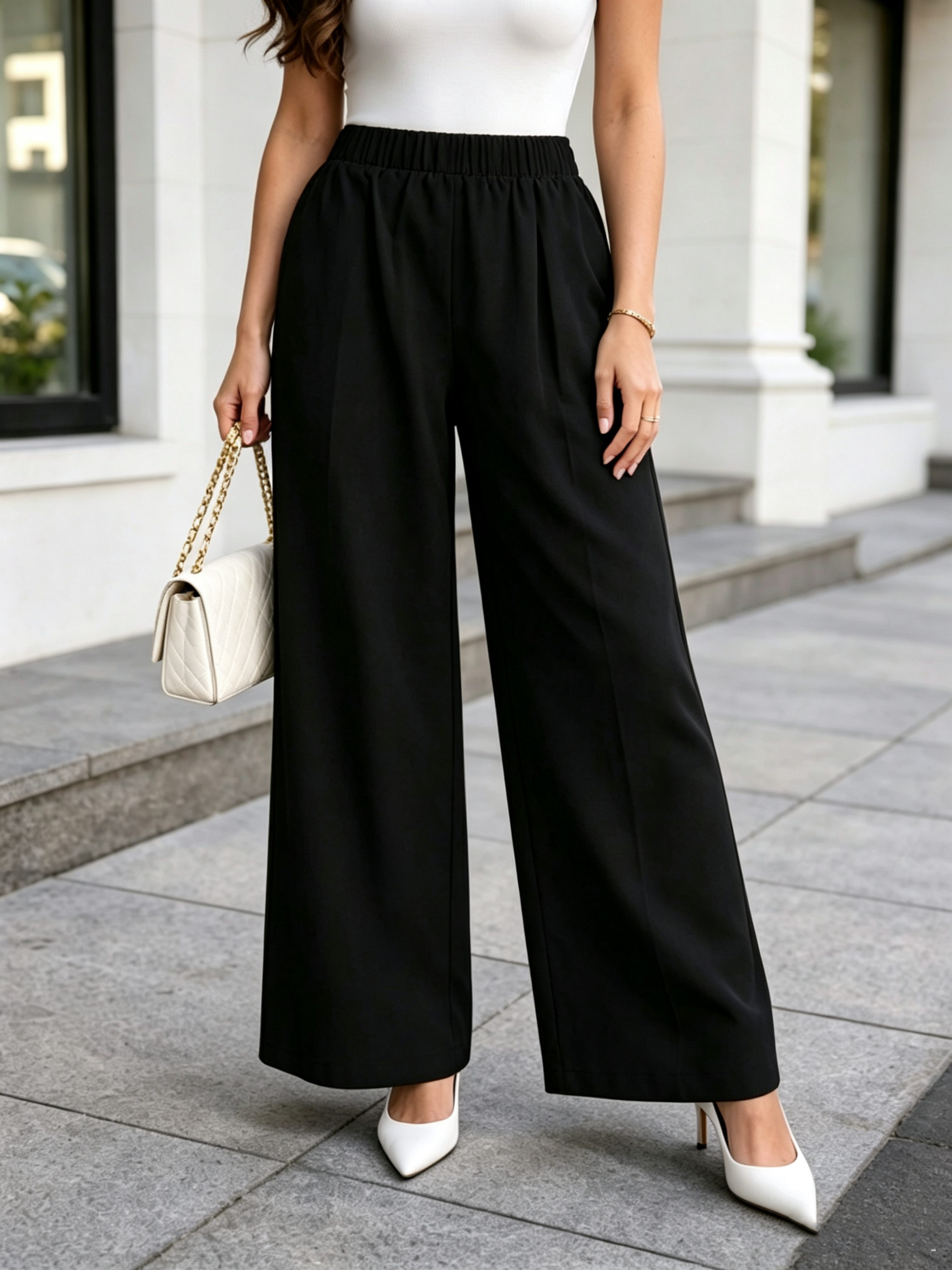 Black Solid Wide Leg Pants
