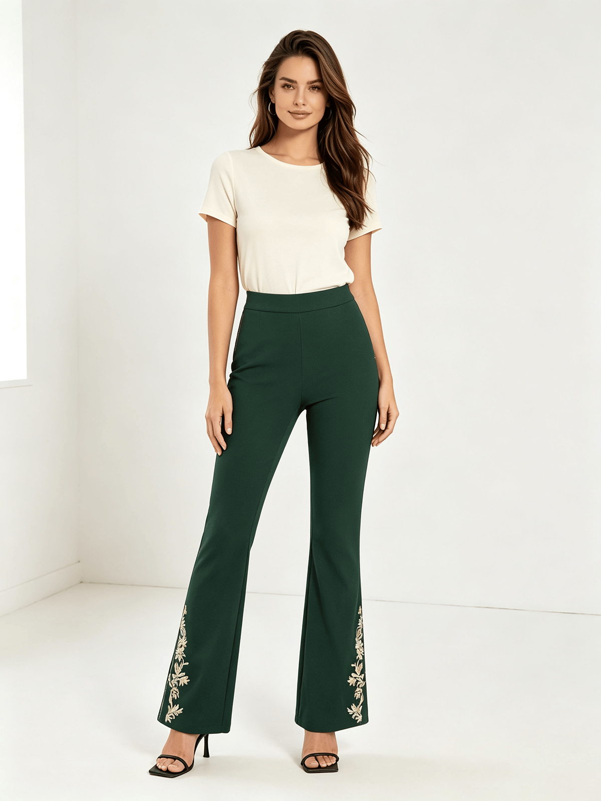 Dark Green Embroidered Skinny Trousers