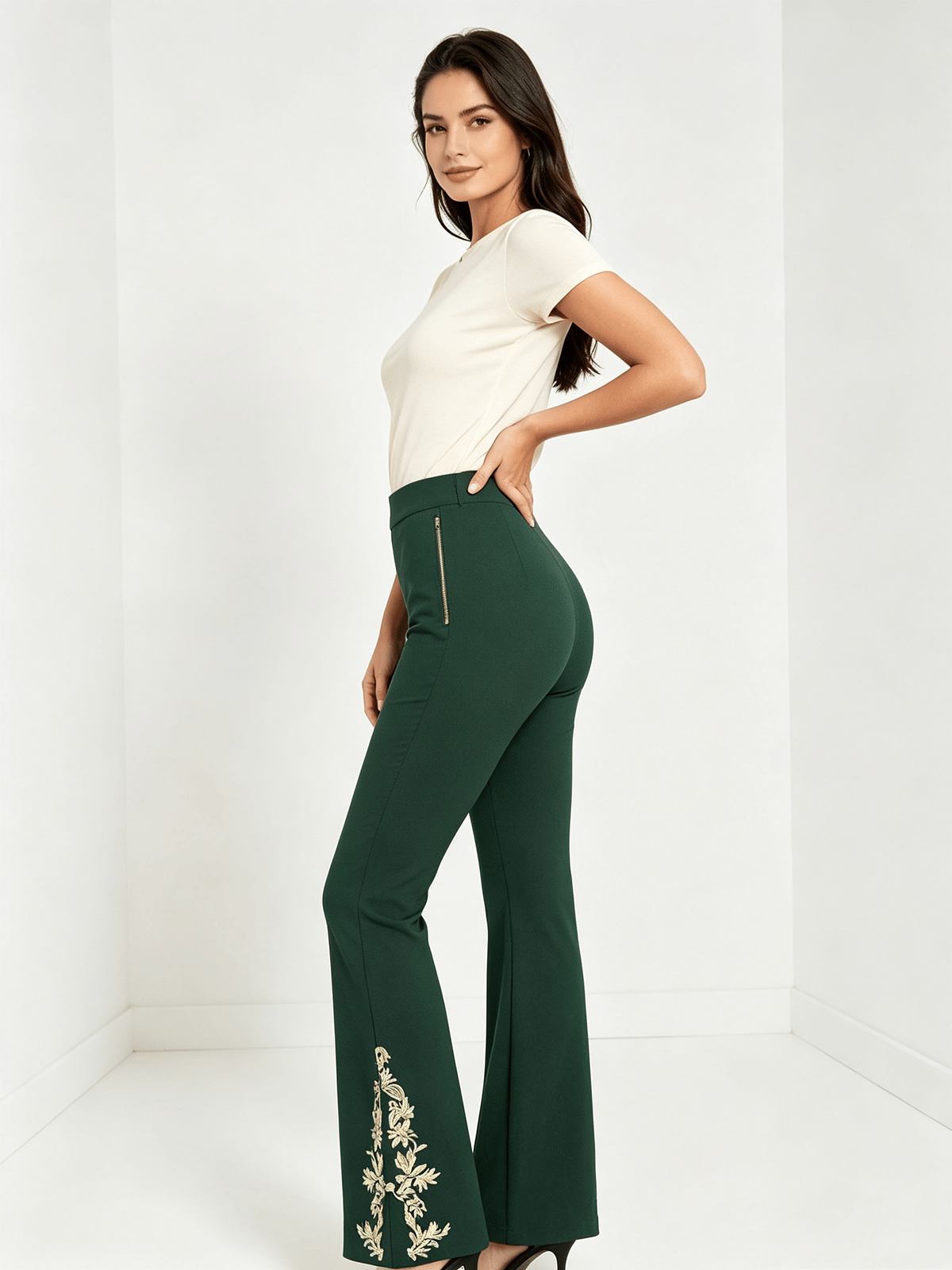 Dark Green Embroidered Skinny Trousers