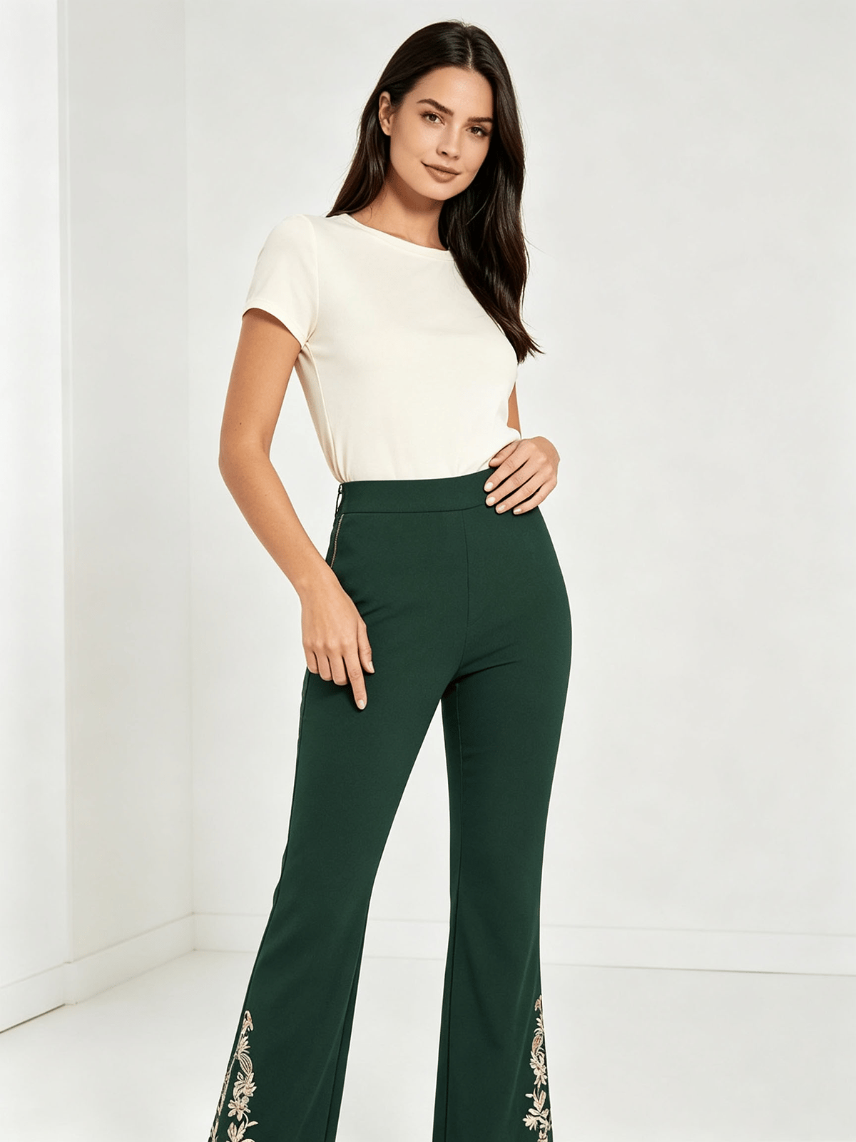 Dark Green Embroidered Skinny Trousers