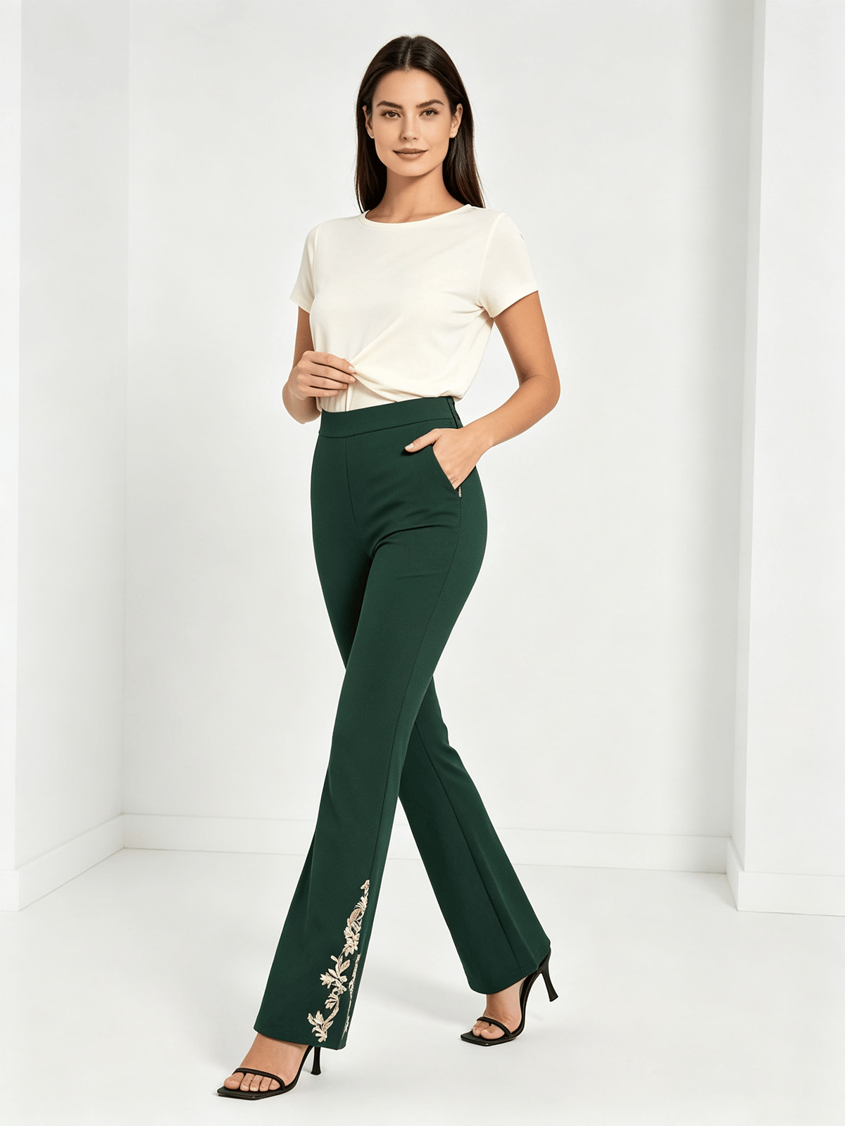 Dark Green Embroidered Skinny Trousers