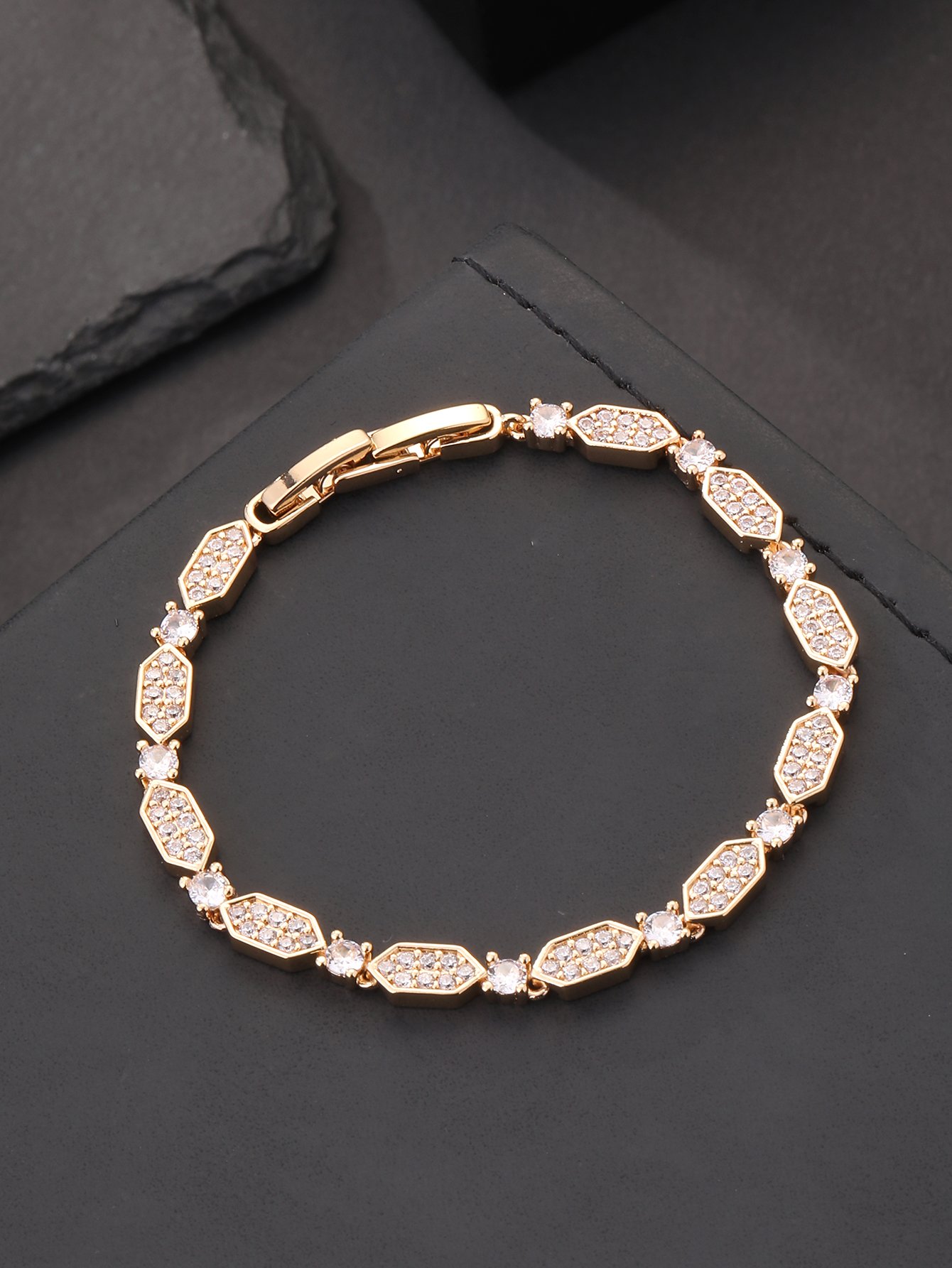 Gold honeycomb design, set with super-shiny cubic zirconia, womens bracelet, perfect for parties and dinners