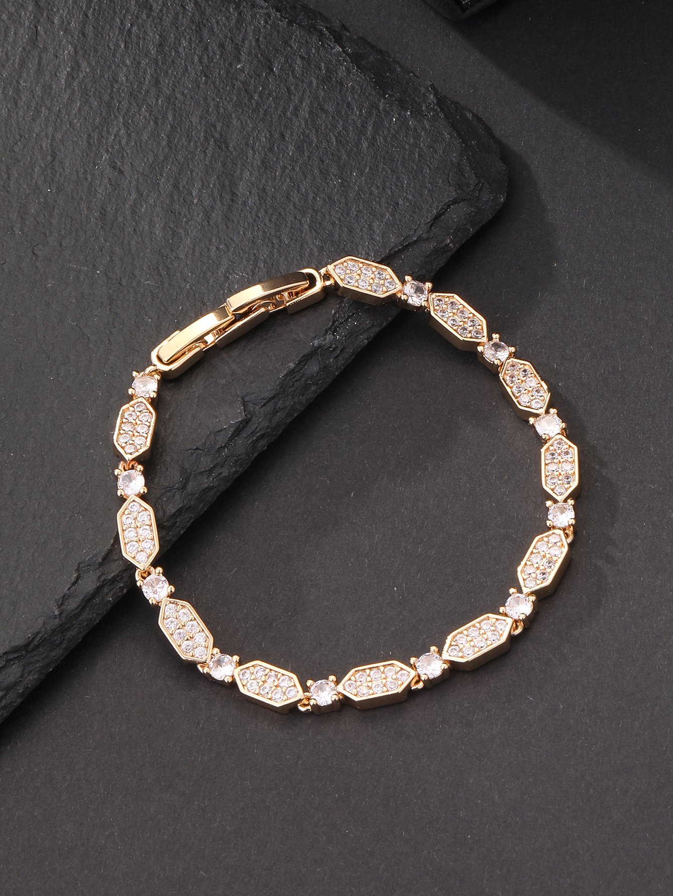 Gold honeycomb design, set with super-shiny cubic zirconia, womens bracelet, perfect for parties and dinners