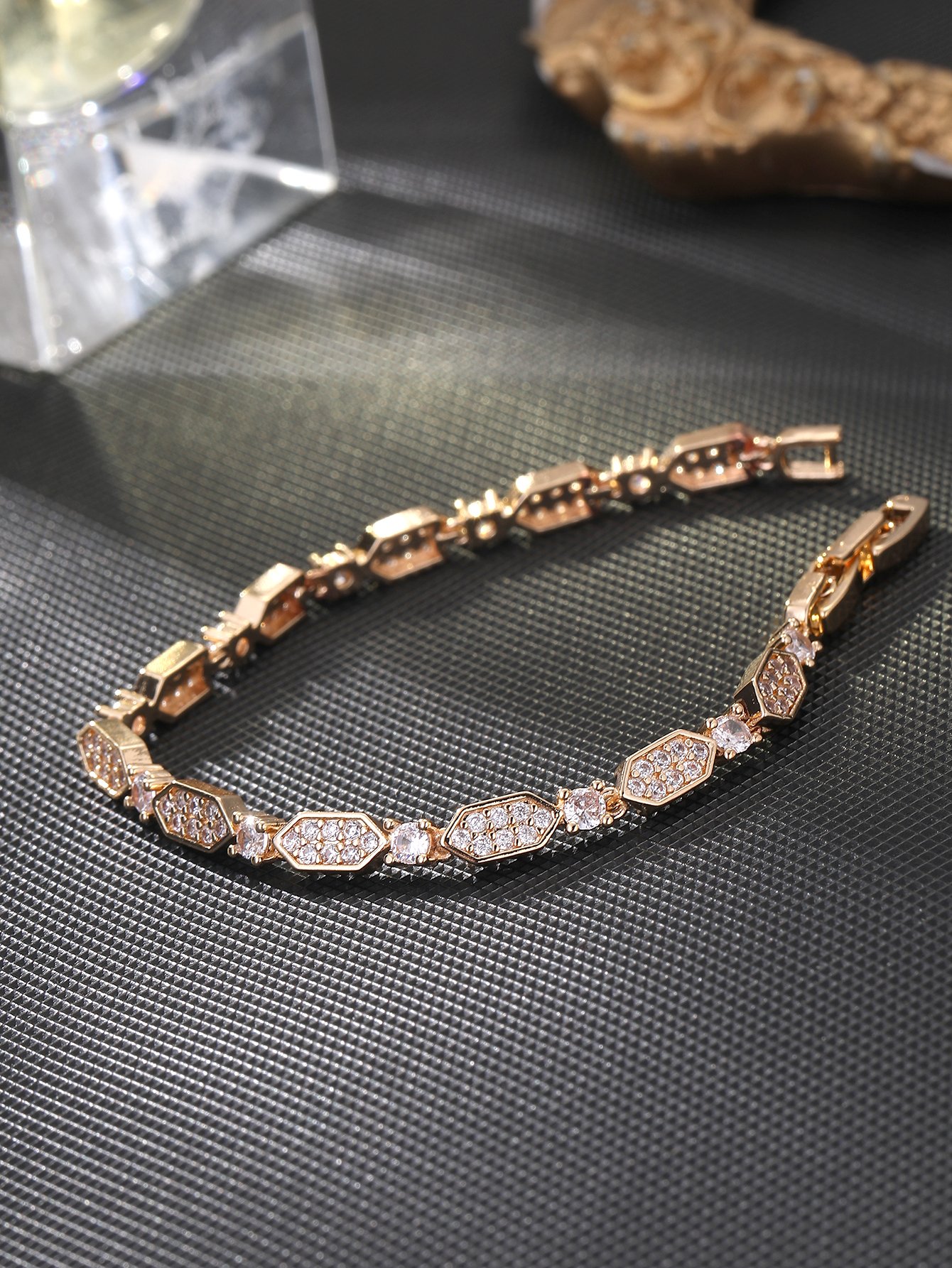 Gold honeycomb design, set with super-shiny cubic zirconia, womens bracelet, perfect for parties and dinners