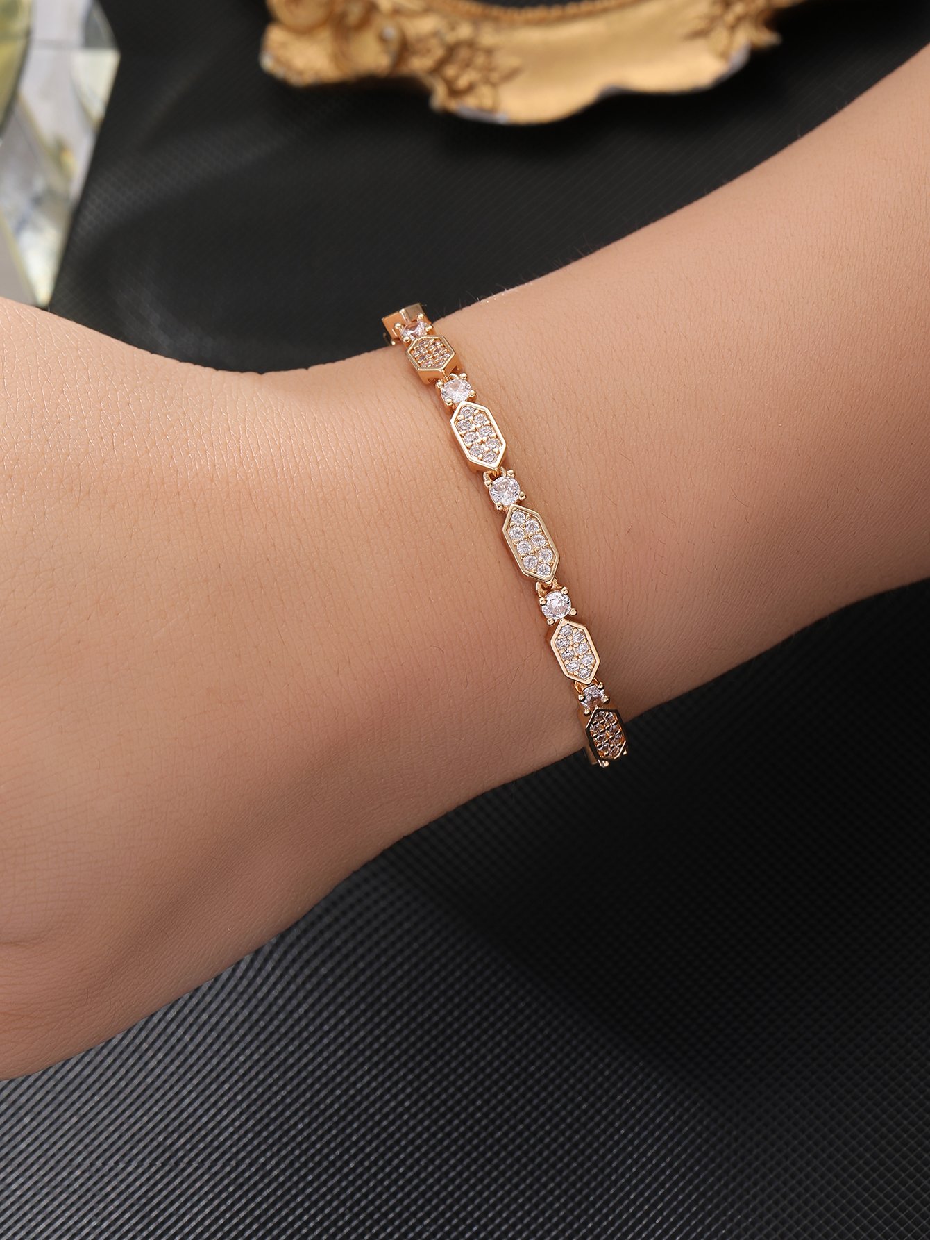 Gold honeycomb design, set with super-shiny cubic zirconia, womens bracelet, perfect for parties and dinners
