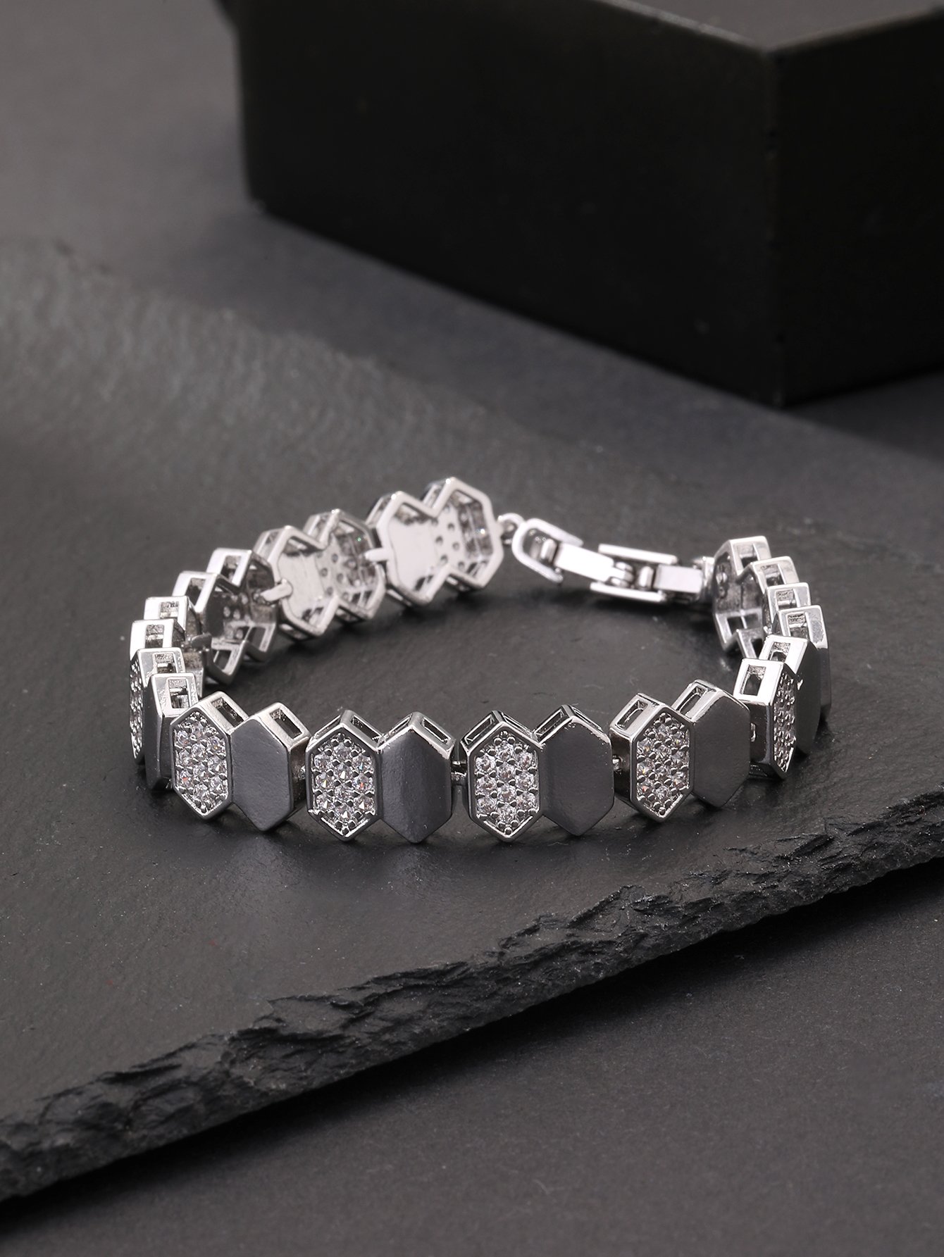 Silver Hexagon Bangle Bracelet with Zirconia for Casual Wear