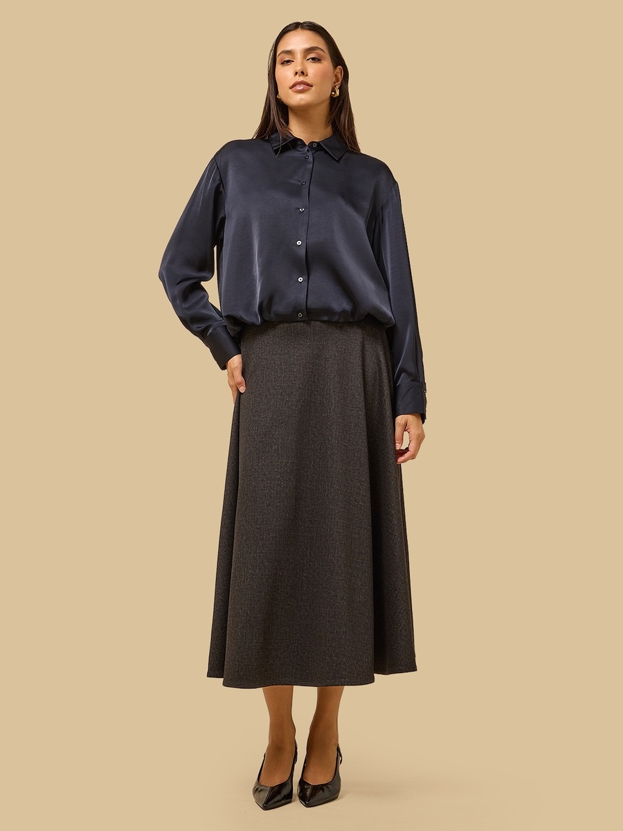 Textured Flared Denim Midi Skirt