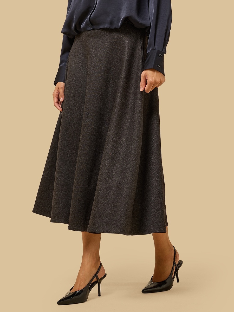 Textured Flared Denim Midi Skirt