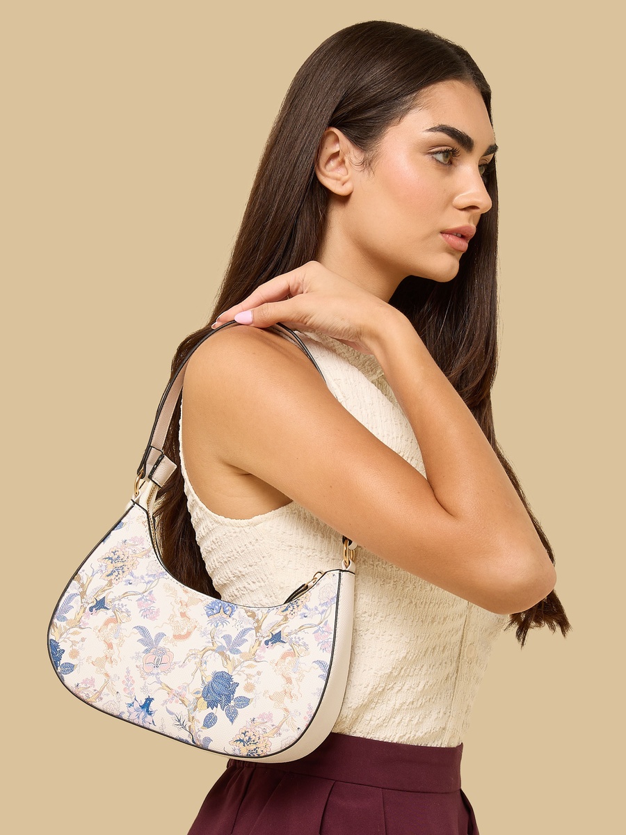 Floral Print Shoulder Bag with Zip Closure