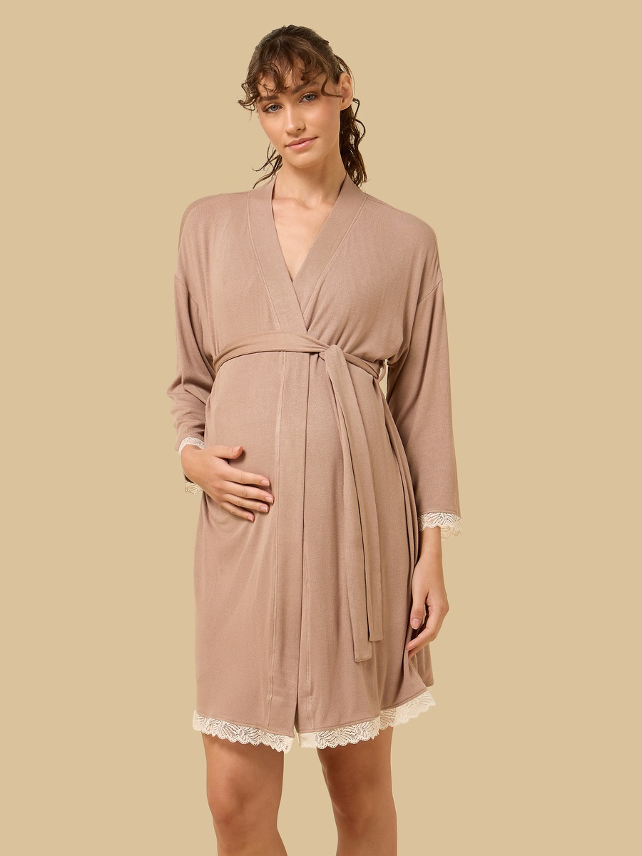 Lace Trim Ribbed Maternity Night Dress with Robe
