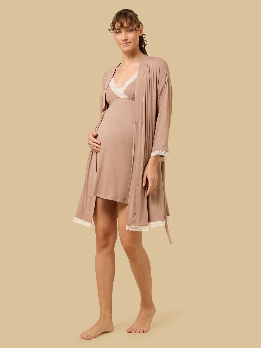 Lace Trim Ribbed Maternity Night Dress with Robe