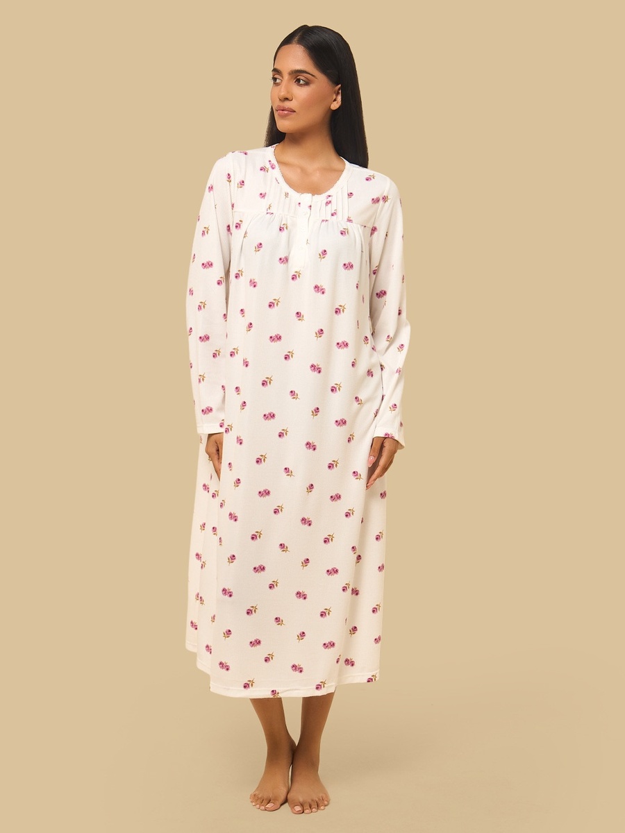 Floral Print Brushed Waffle Textured Night Dress