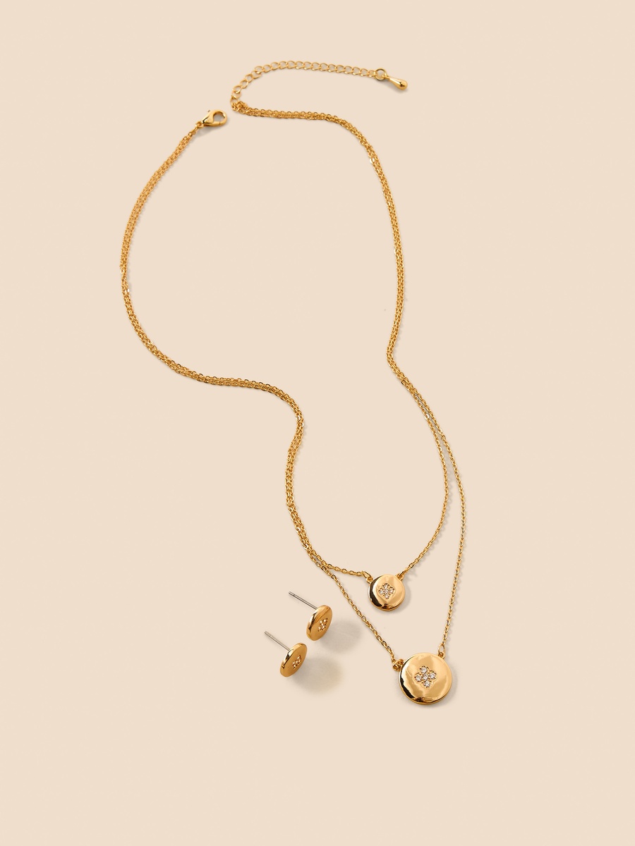 Embellished Pendant Layered Necklace with Earrings