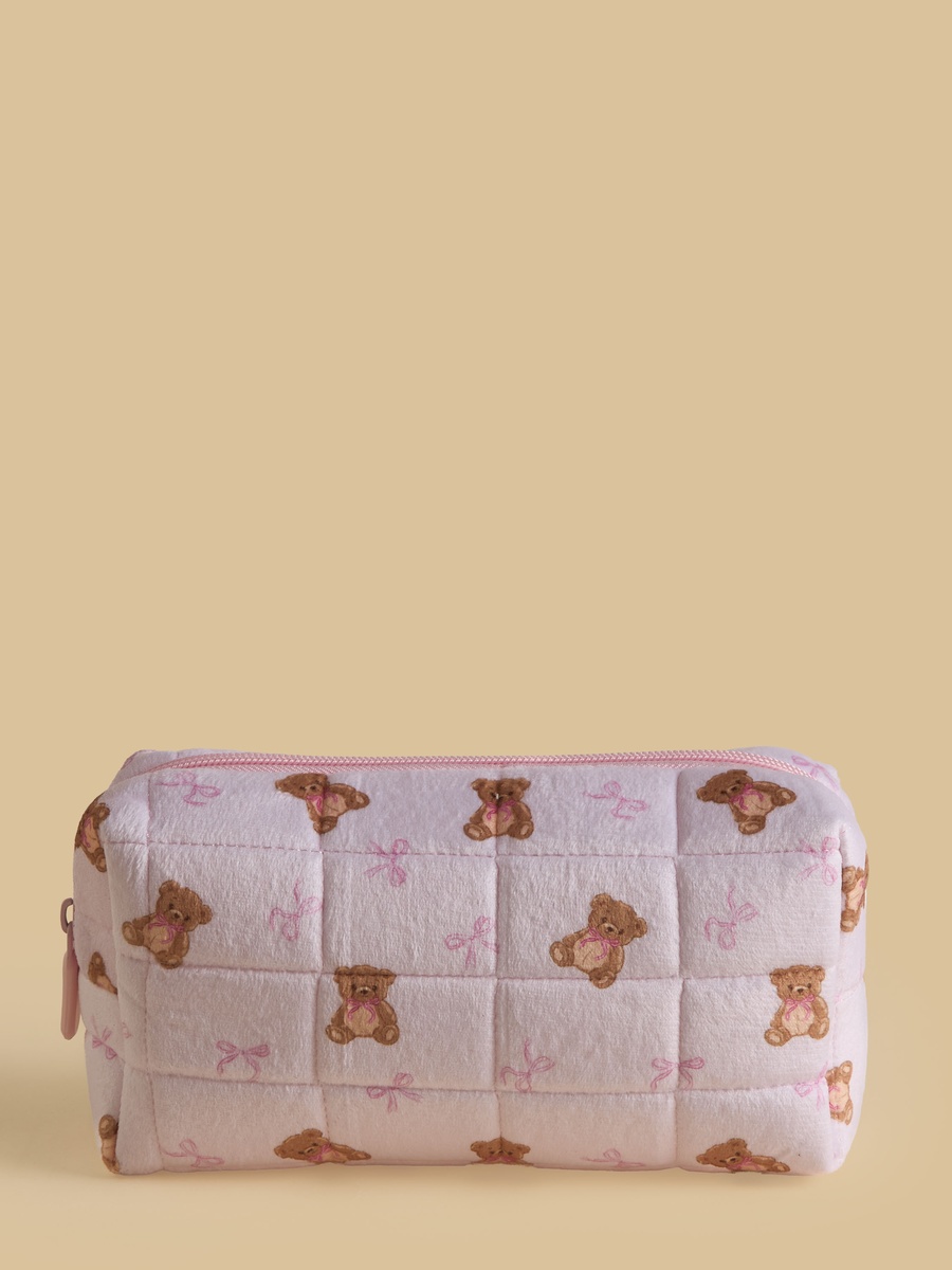 Teddy Bear Print Pouch with Zip Closure