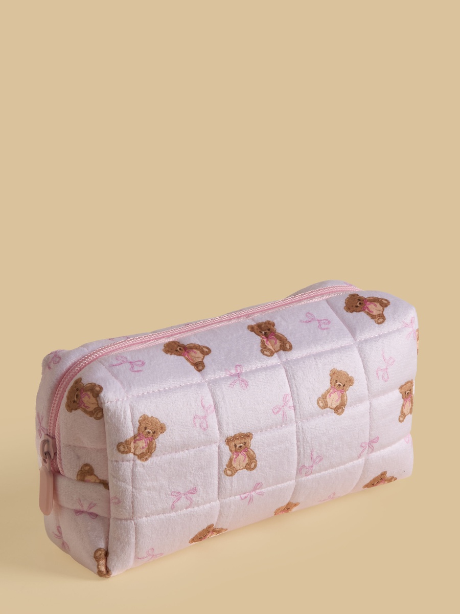 Teddy Bear Print Pouch with Zip Closure