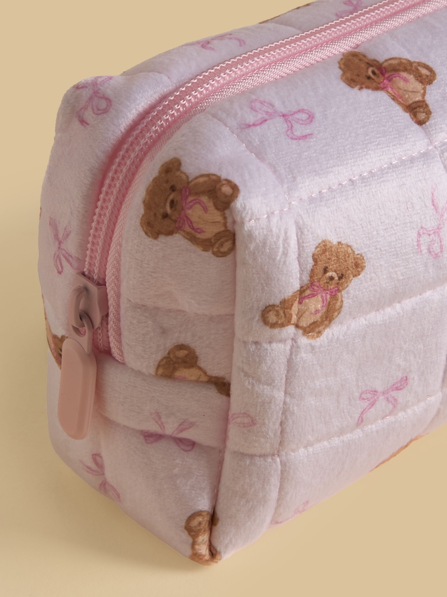 Teddy Bear Print Pouch with Zip Closure