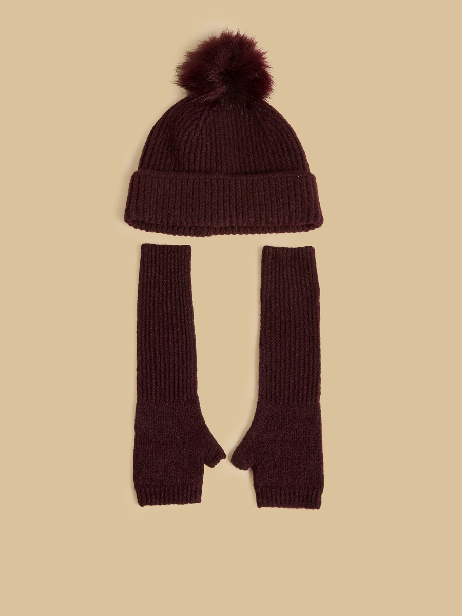 Ribbed Pom Pom Beanie Cap with Fingerless Gloves