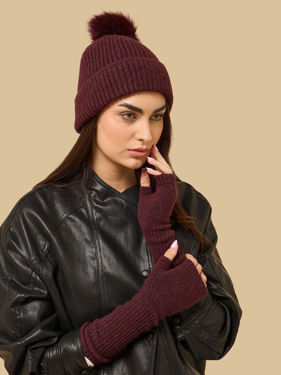 Ribbed Pom Pom Beanie Cap with Fingerless Gloves