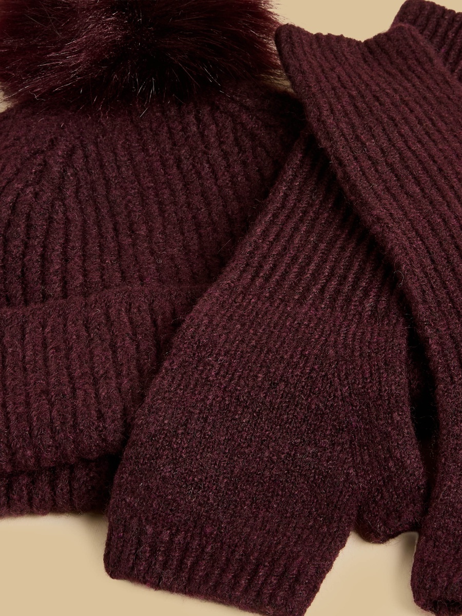 Ribbed Pom Pom Beanie Cap with Fingerless Gloves