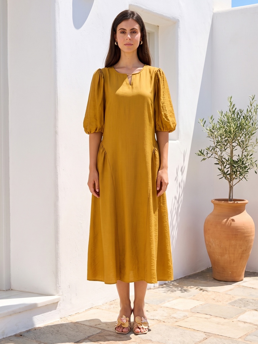 Metal Accent Midi Dress with Keyhole Neck