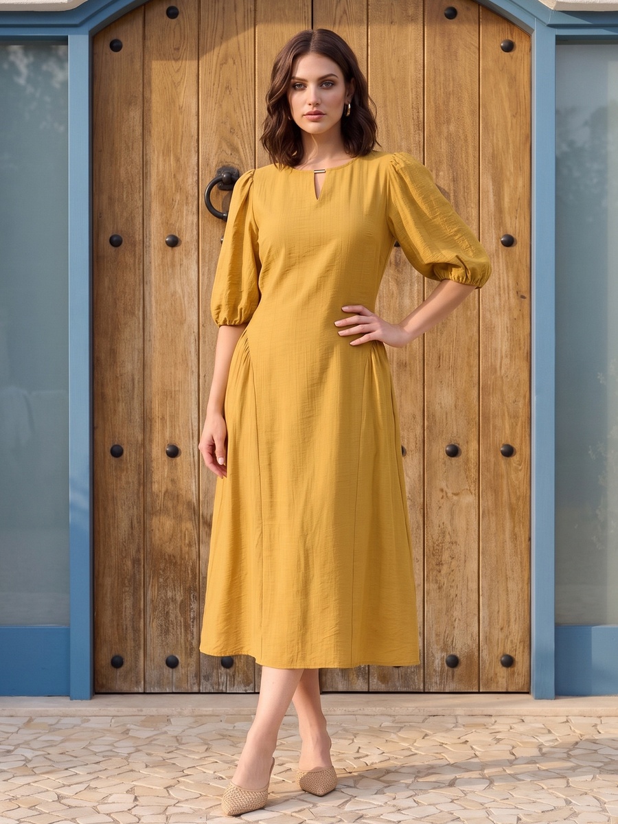 Metal Accent Midi Dress with Keyhole Neck