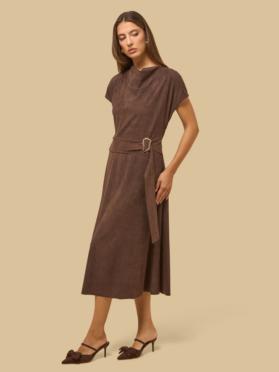 Cowl Neck Suede Dress with Buckle Accent