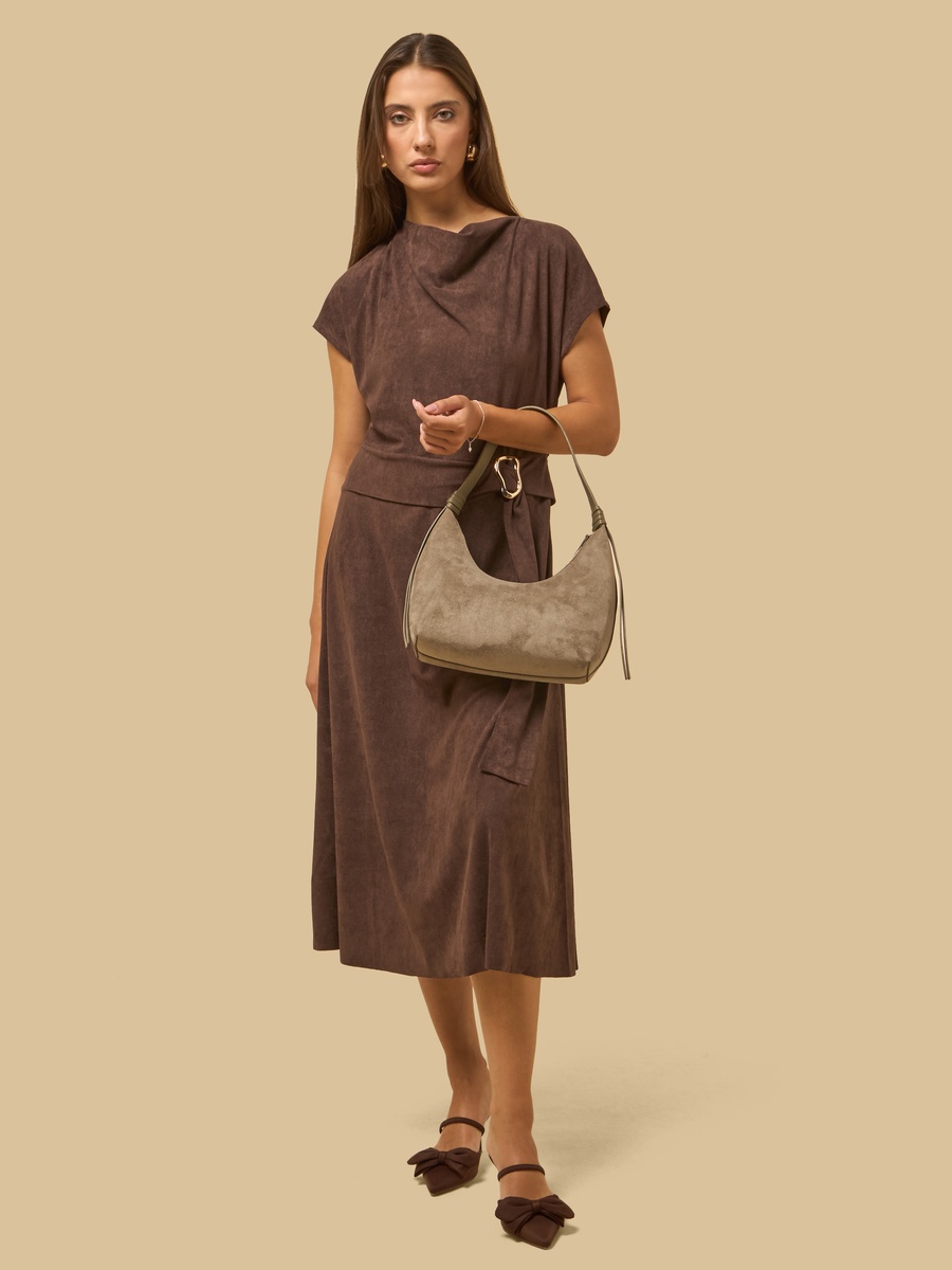 Cowl Neck Suede Dress with Buckle Accent