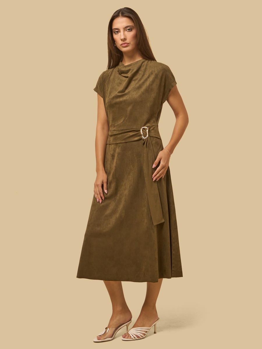 Cowl Neck Suede Dress with Buckle Accent