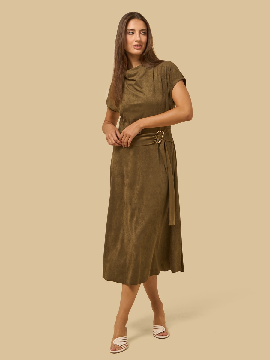 Cowl Neck Suede Dress with Buckle Accent
