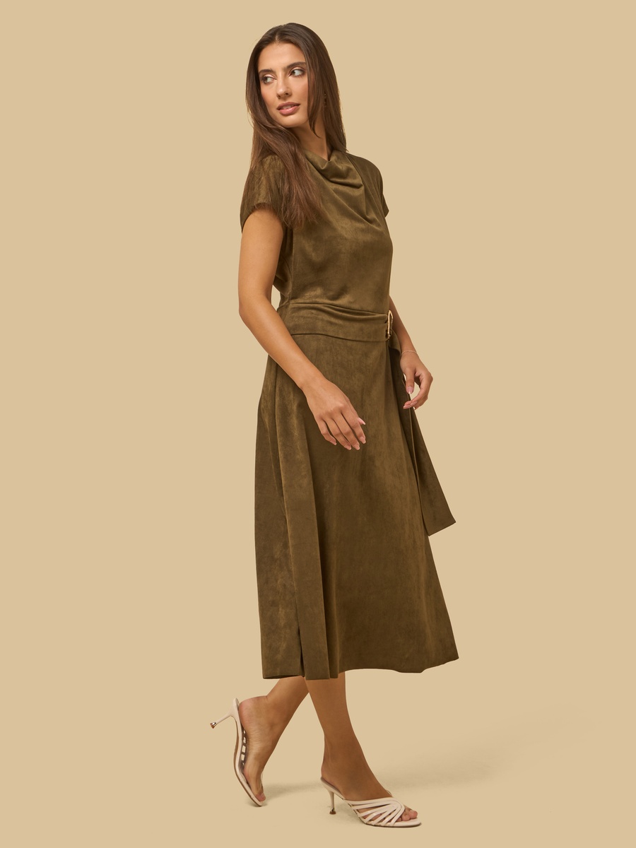 Cowl Neck Suede Dress with Buckle Accent