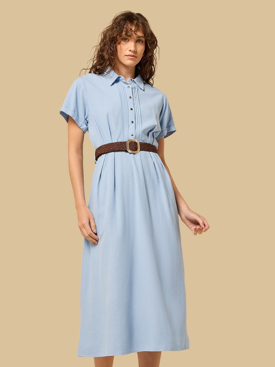 Belted Linen Blend Shirt Dress